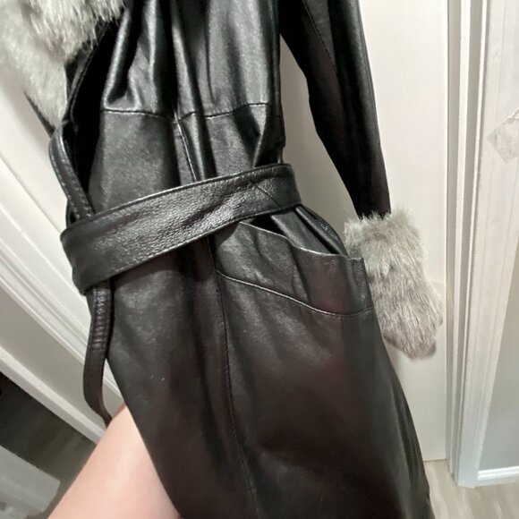 Vintage Newport News Leather Faux Fur Steampunk Goth Punk Belted Y2K Long Coat S - Picture 4 of 13